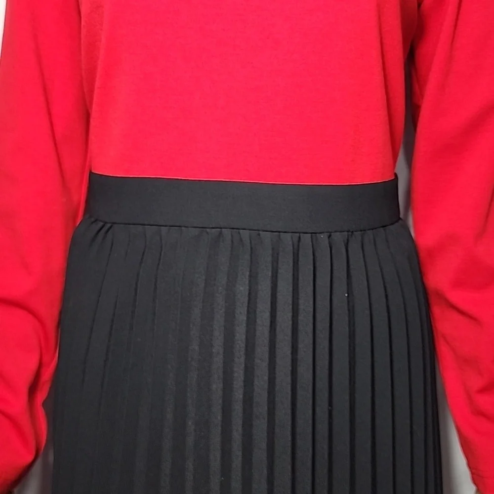 Leslie‎ Fay long Sleeve Pleated Midi Dress Red And Black Size 12 NWT